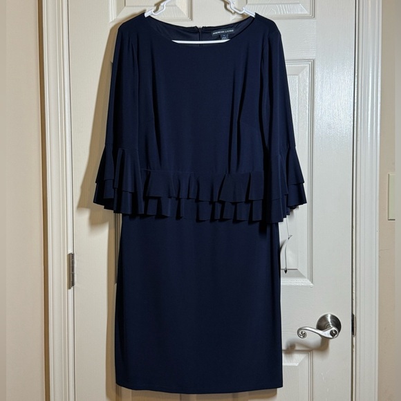 American Living Dark Blue Ruffle Long Sleeve Dress Size 14 - Picture 1 of 9